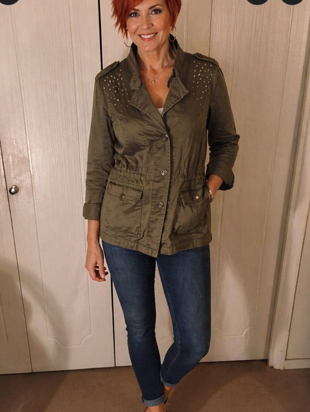 Womens STYLE & CO Army/olive Green Button Front Jacket, Size XL